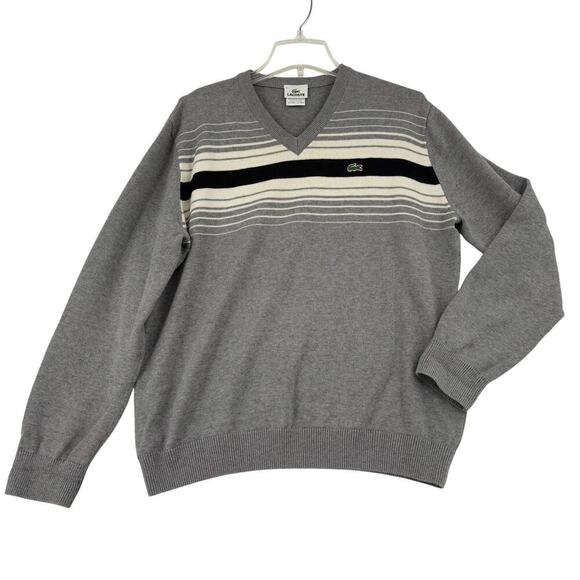Lacoste V Neck Pullover Sweater Wool Blend Men's Size L Gray Chest Stripe France - Picture 1 of 14